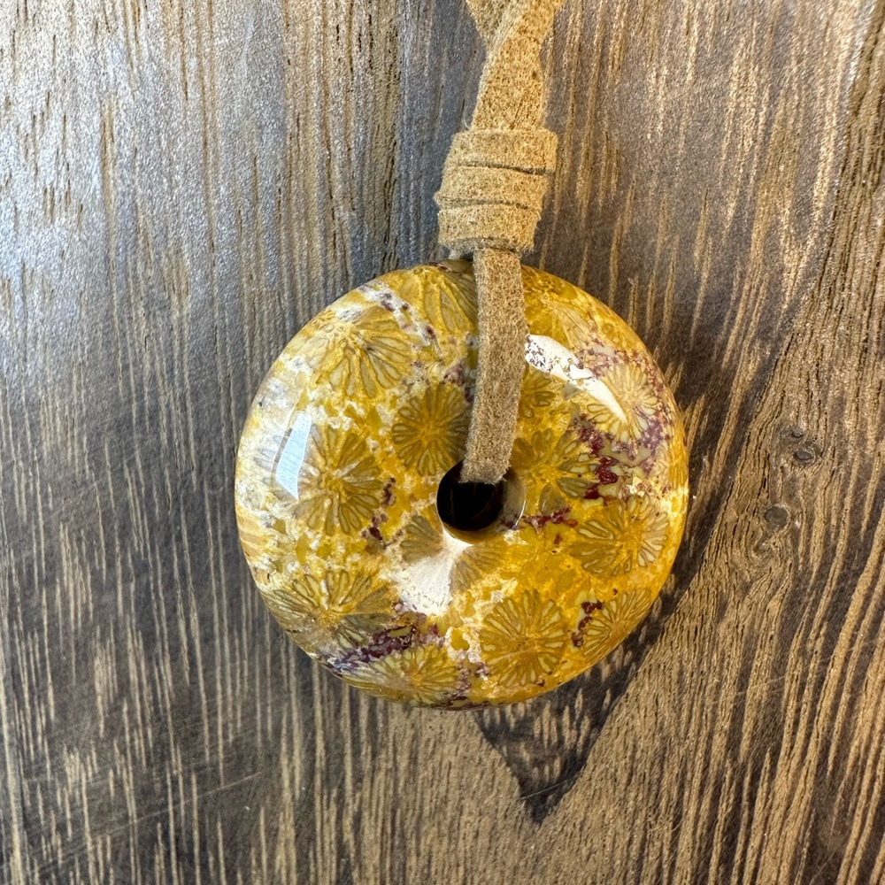 Yellow Coral Fossil Donut Pendant on Brown Faux Suede - Picture 6 of 11